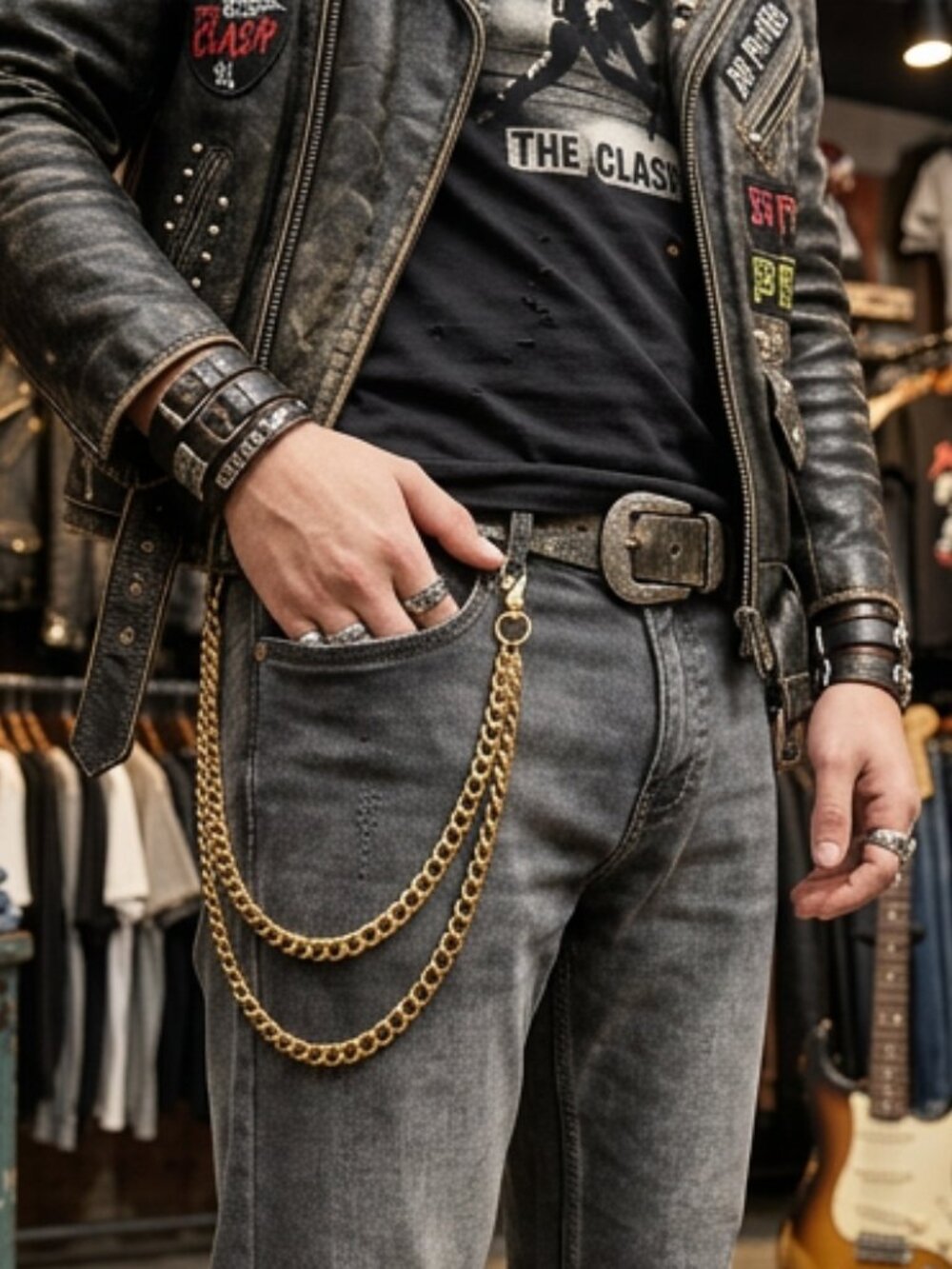 NEW Men Wallet Jeans Chain KeyChain Strong Gold Metal Links Biker 2 Strands
